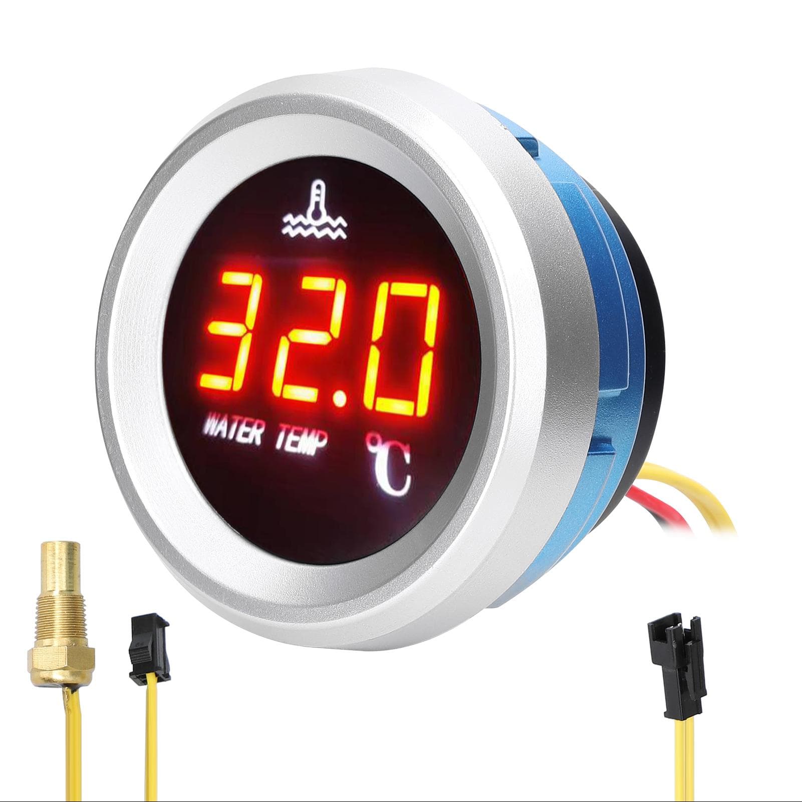 52 mm Wassertemperaturanzeige, Auto-Digitalmessgerät, LED-Anzeige, 9–36 V, mit Temperatursensor-Alarm schwarz