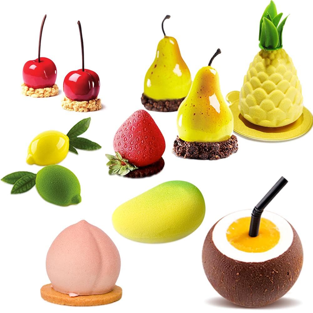 Obst-Silikonform für Gebäck, Desserts, Mousse, Kuchenform zum Backen, 3D-Apfel, Birne, Pfirsich, Zitrone, Kirsche, Erdbeere