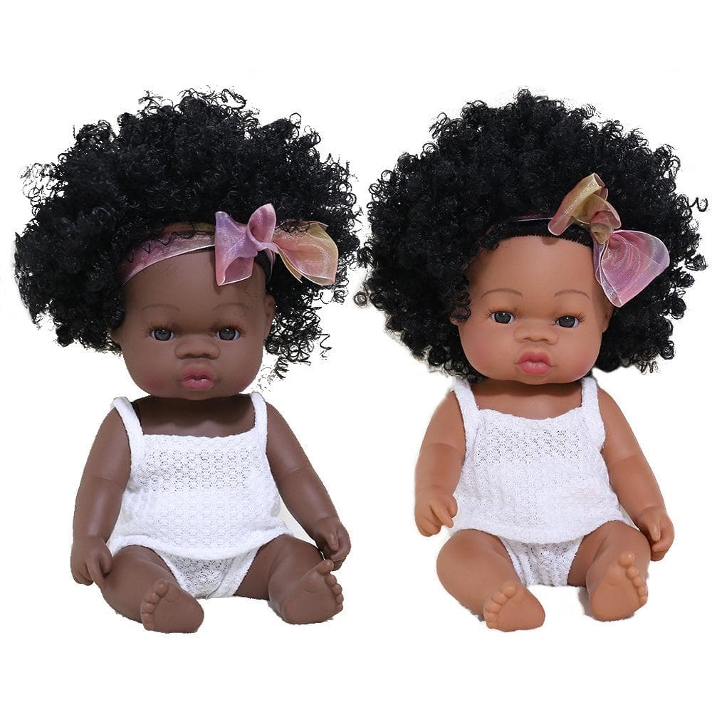 Afroamerikanische Reborn-Mädchenpuppen mit schwarzer Haut, 33 cm, süße, verwurzelte, lockige Haare, Neugeborenenpuppe, Vollsilikonkörper,