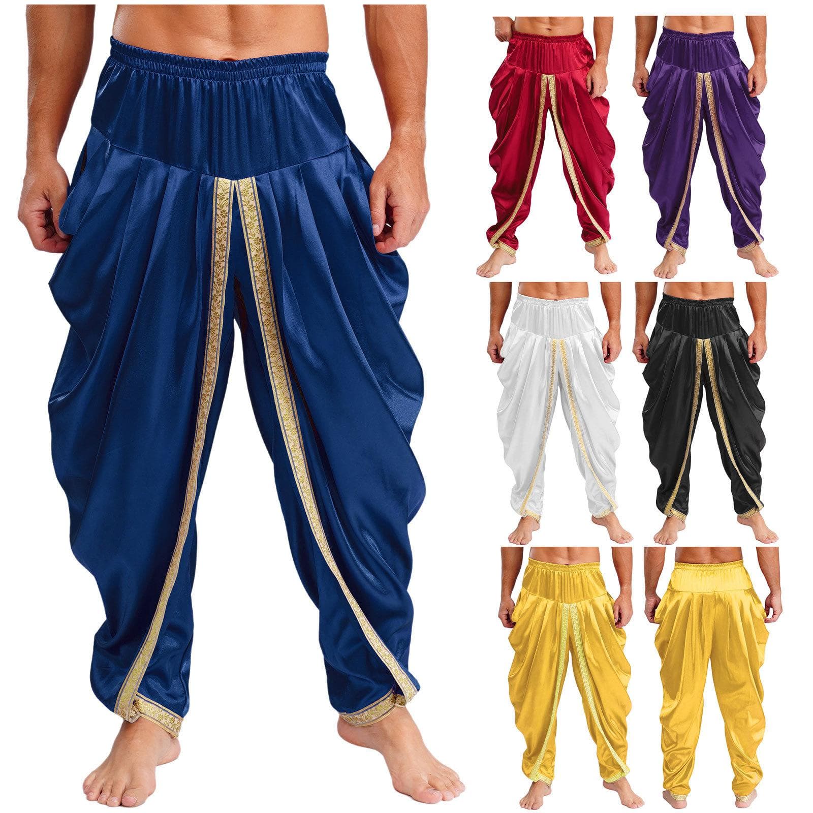 Herren Traditionelle Dhoti-Hose Satin Stoff Elastischer Bund Drapierter Stil Weite Hose Kulturelles Kostüm cm weiß