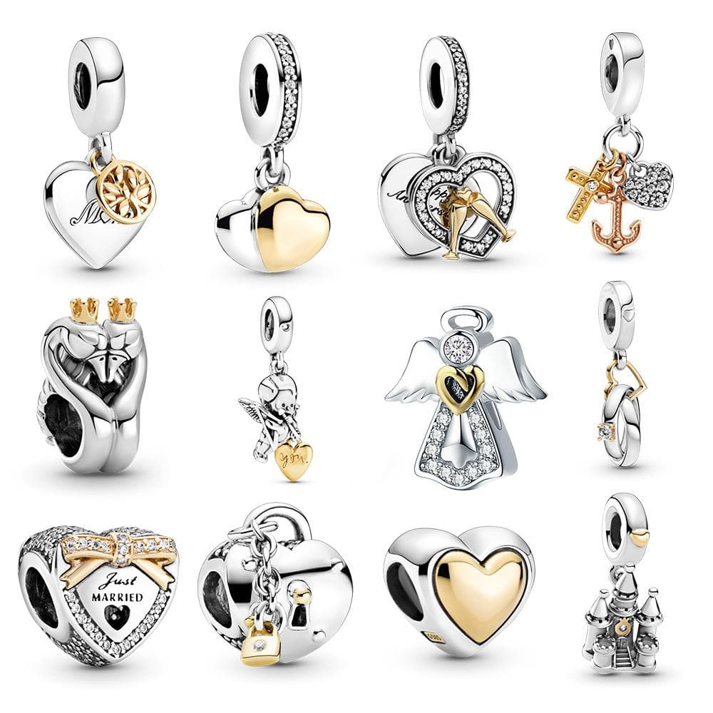 Charm-Anhänger aus 925er Silber mit zweifarbigen Trauringen, passend für originale Halsketten für Frauen, Modeschmuck, Geschenk