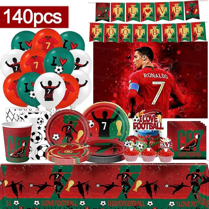 Neue CR7 Geburtstagsdekoration Fußball-Superstar Partyzubehör Fußball-Partygeschenke Tischdecke Teller Pappbecher Hintergrund cm