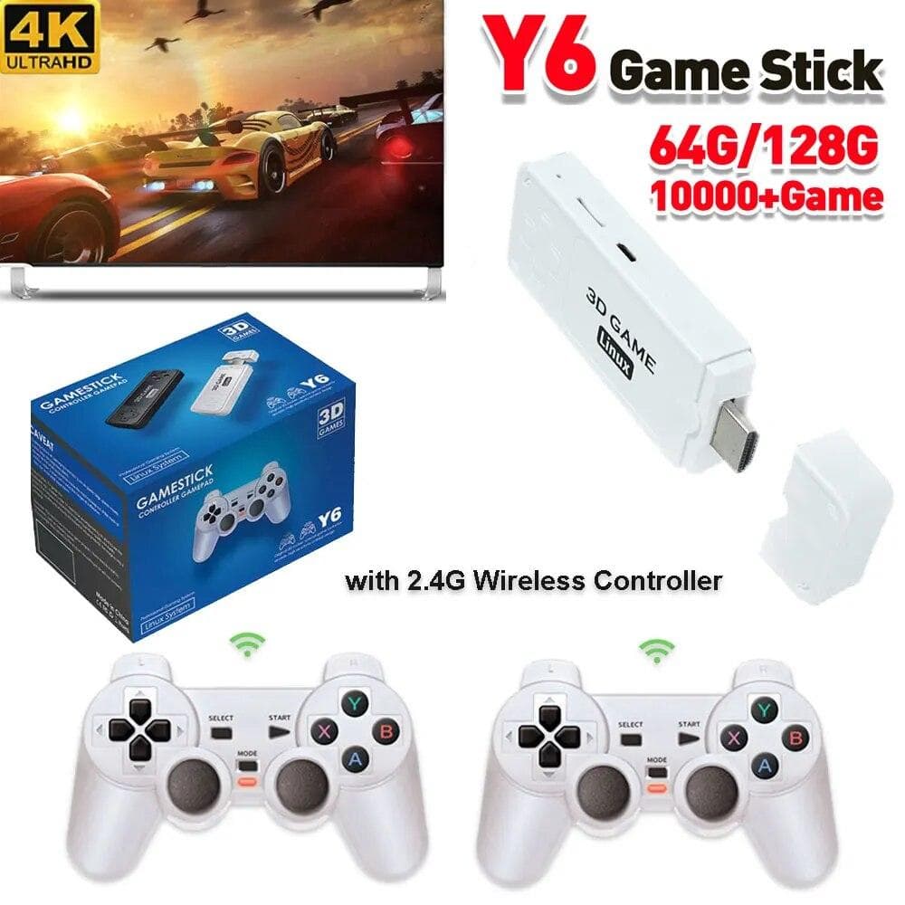 Y6 4k Retro-Videospielkonsole 2,4 G kabelloser Game-TV-Stick 64/128 G 10000+ Spiel HD Emuelec4.3 tragbarer Videospiel-Stick für GBA