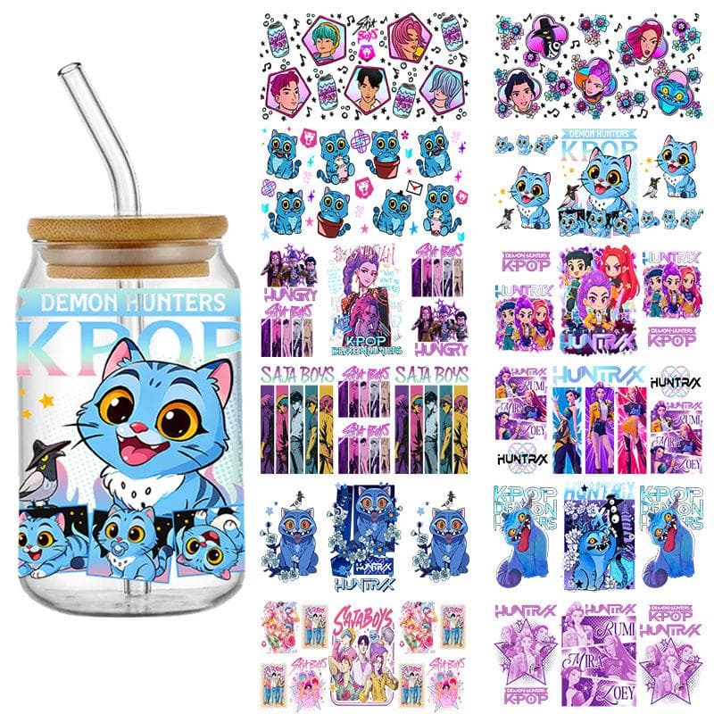 Demon Hunters Team Kpop Boy Band UV DTF Wraps Transferaufkleber Selbstklebend Wasserdicht Hohe Qualität Für 16OZ Libbey Glasbecher
