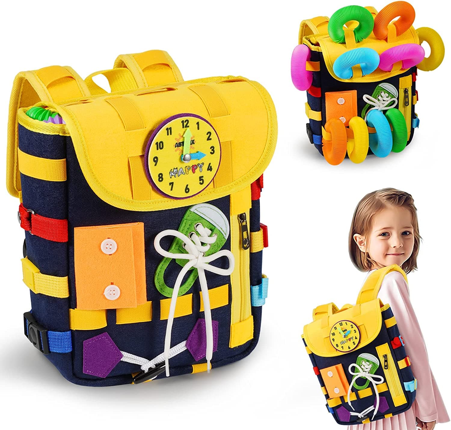 Montessori-Beschäftigungsbrett für Kleinkinder, 30-in-1-Rucksack, Lernaktivitätsspielzeug mit 10 Pop-Tubes, Zappelspielzeug für Kinder im Alter