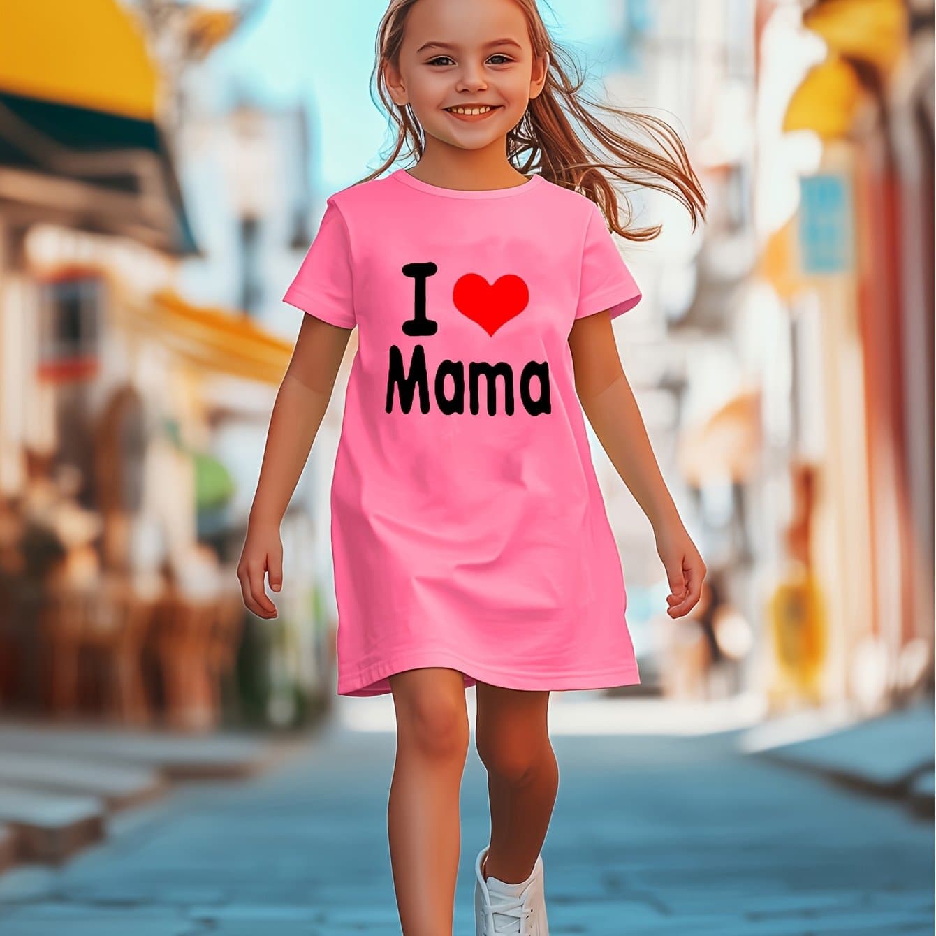 TEMU Mother's Day - Summer Casual Trendy Comfortable Dress For Little Girls With A Sweet And Easy Design Featuring The Letters And A Red Heart