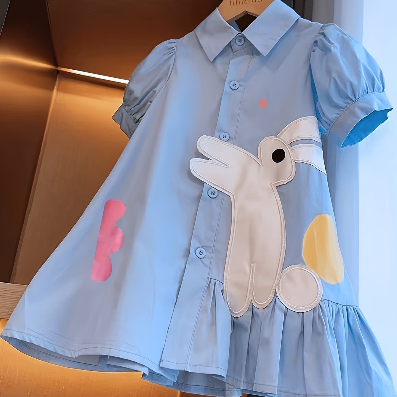 TEMU Sommerkleid für Mädchen im Schulstil, mit Kragenhemd-Design und bestickten Hasen