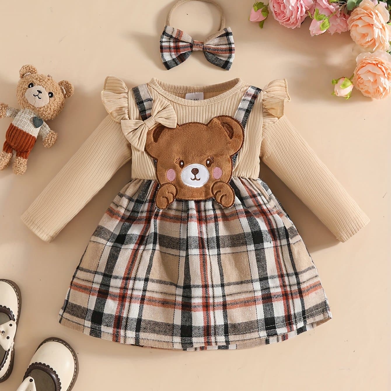 TEMU Niedliches Bären-Patch-Langarmkleid und Schleifen-Stirnband
