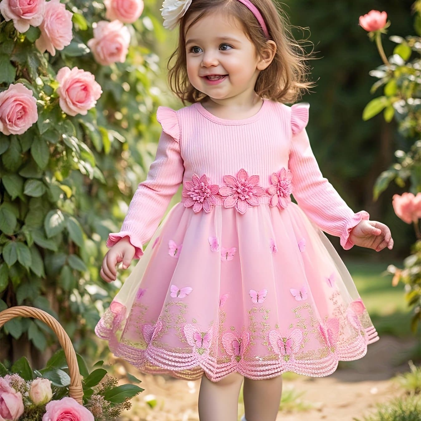 TEMU Herbstlicher Süßer Stil Schmetterling Stickerei Blumen Dekoration Langärmliger Kinder Mesh Mädchen Prinzessin Kleid Säuglingskleid