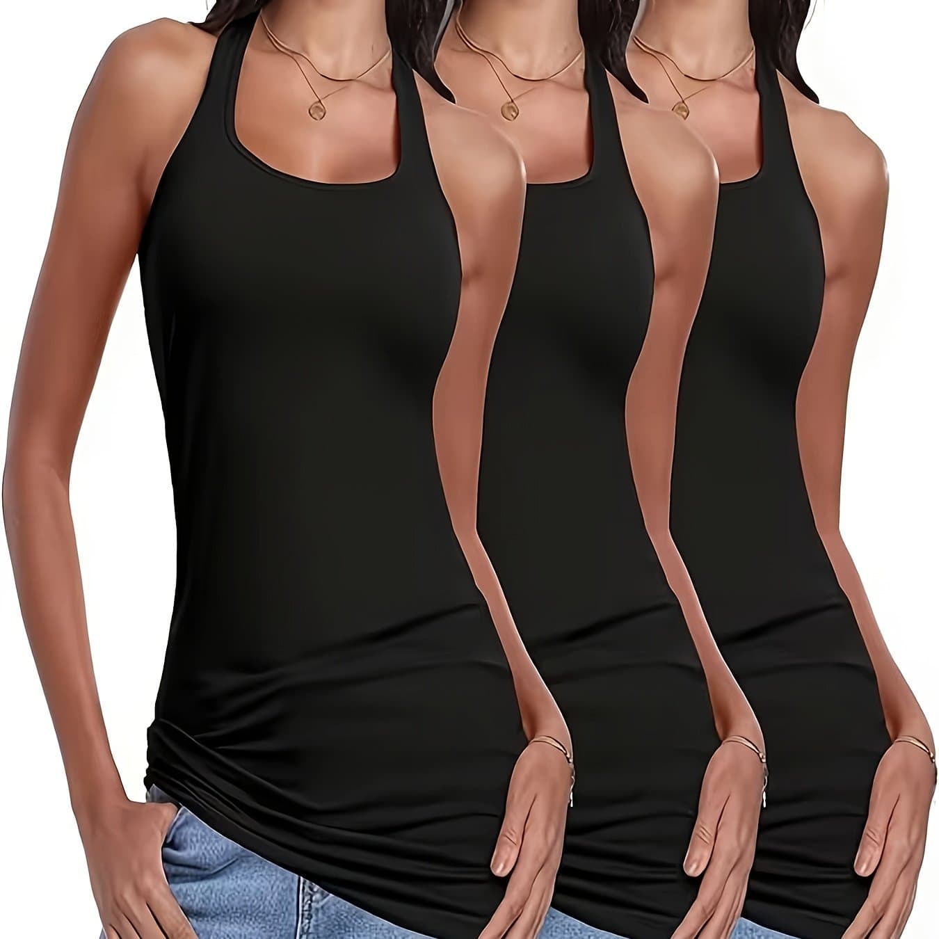 TEMU Casual Elegant Women' Color Round Neck Vest 3pcs Set