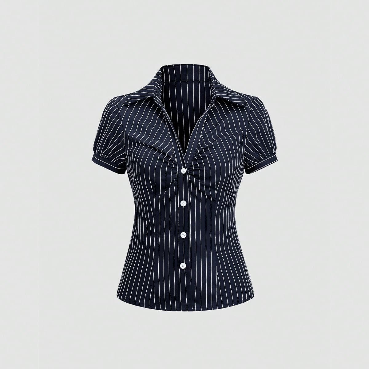 Vintage amerikanischer Stil schwarz-weiß gestreiftes kurzärmliges Oberteil, slim Fit & tailliert, einzigartiges Design, vielseitig für Damen
