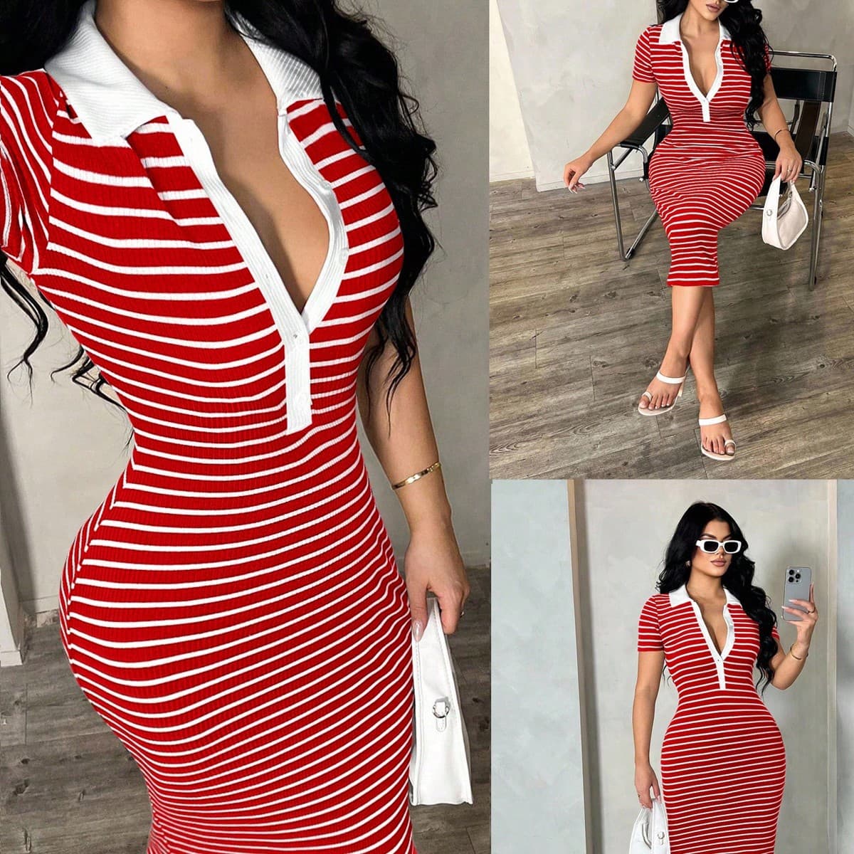 Damen Lässig Minimalist Mode Pendler Stil Kurzarm Schwarz & Weiß gestreiftes Poloshirt Kleid, Strick Hoher Stretch Figurbetont Midi Kleid,
