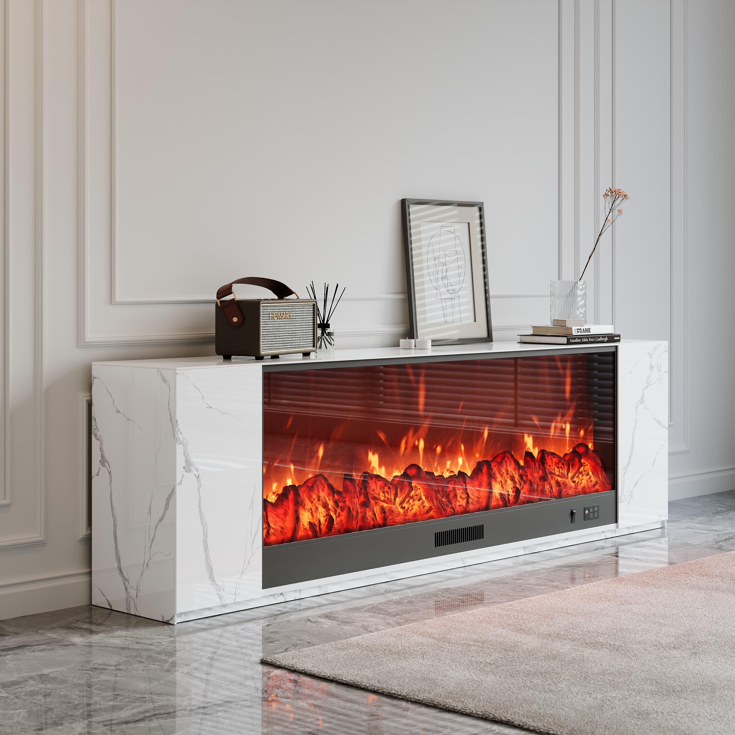 TV Schrank mit Elektrokamin und Flammeneffekt aus Marmor, moderner 180 cm weißer TV Lowboard