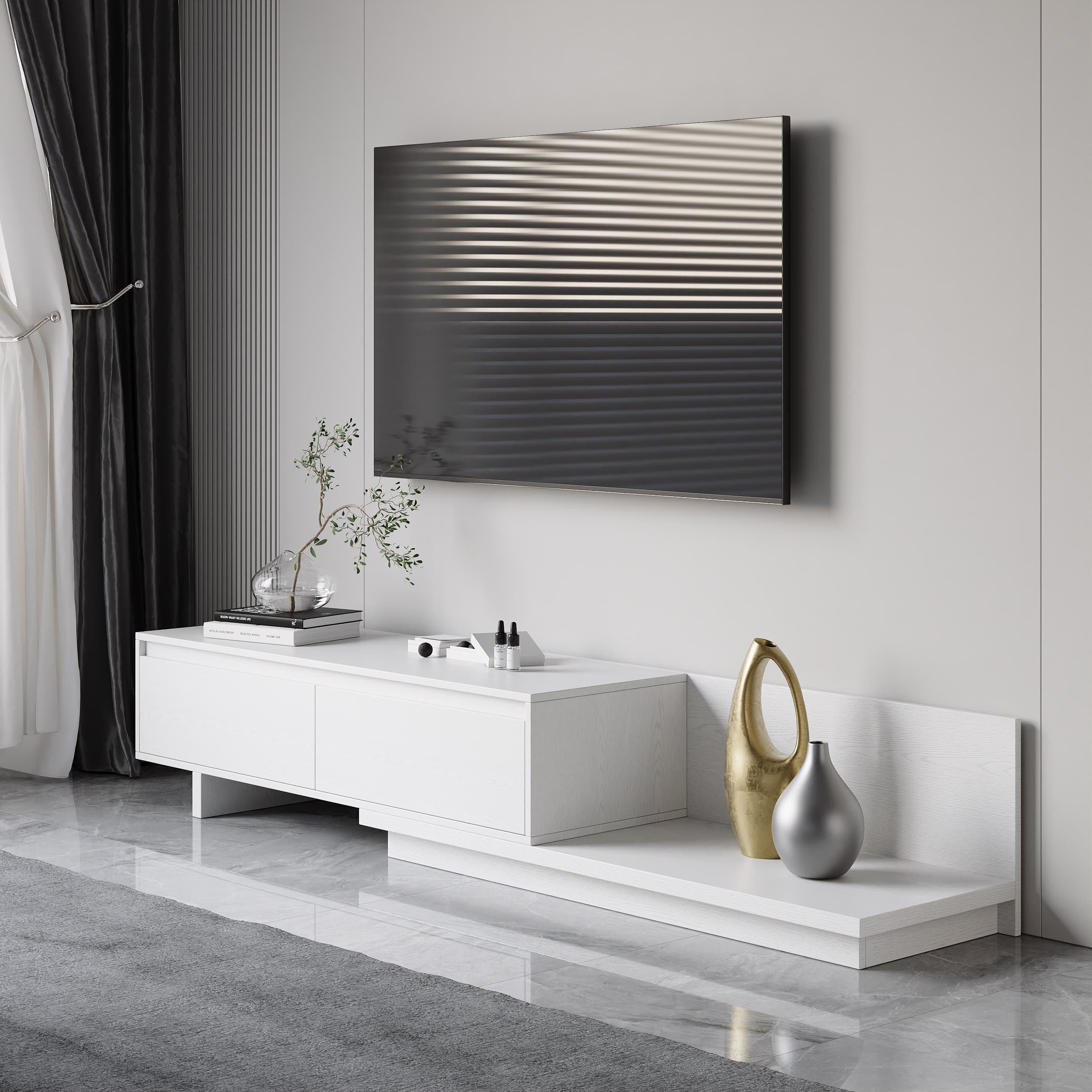 Fero TV-Ständer, ausziehbar, mit 2 Schubladen, 1200 mm bis 2000 mm, Weiß