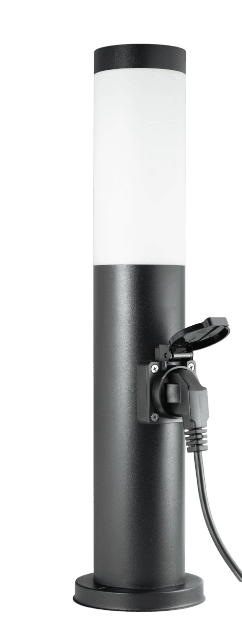 45cm Edelstahl Sockel-Leuchte mit Steckdose - schwarz matt
