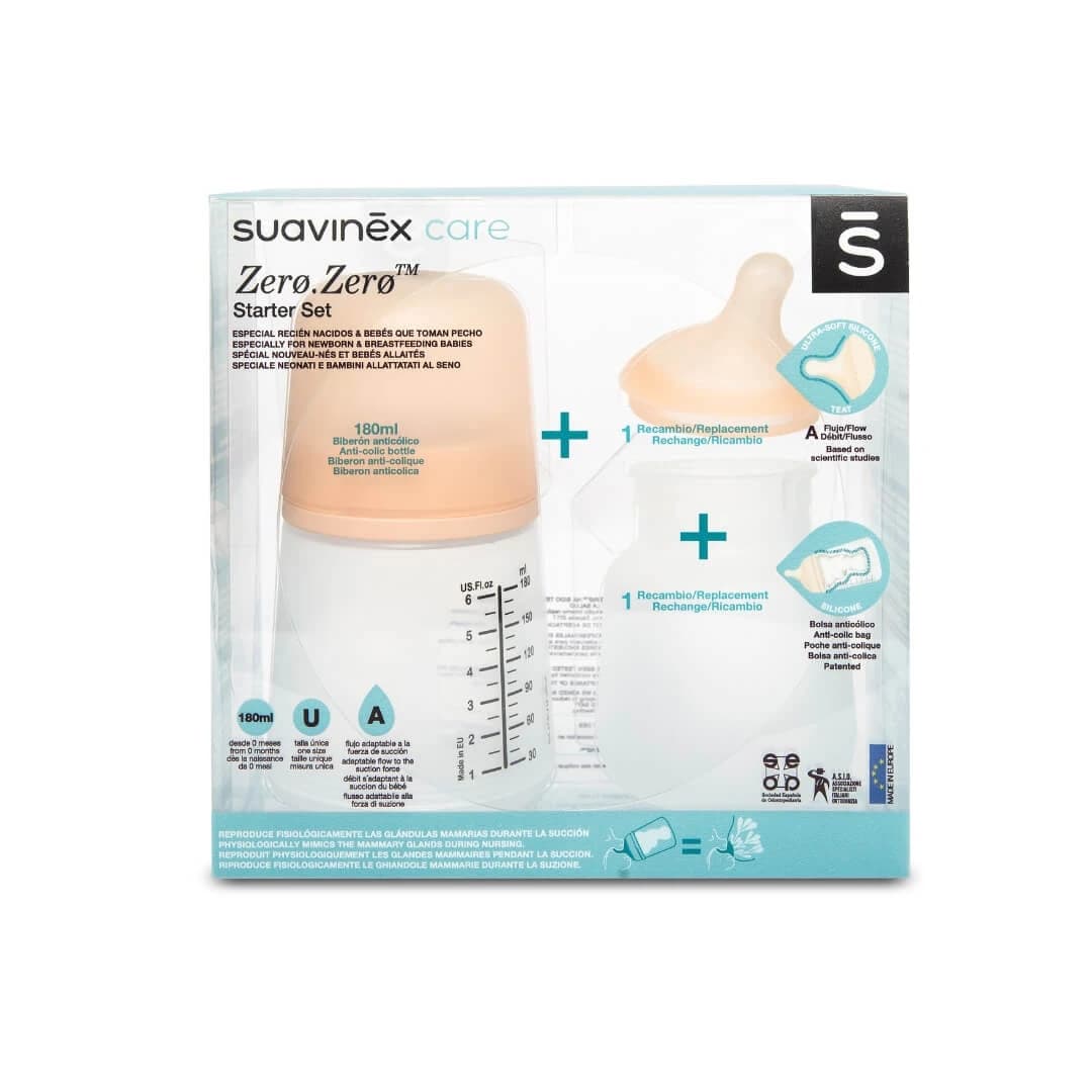 Anti Koliken Flaschenset 180 ml + Sauger mit variablem Durchfluss + Zero Zero Silikonbeutel, Suavinex