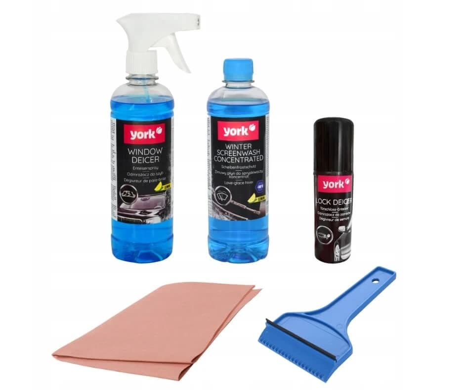 York Car Kit Scheibenwaschflüssigkeit 500 ml + Scheibenentfroster 500 ml + Schlossentfroster 50 ml + Scheibenkratzer + Antibeschlagtuch