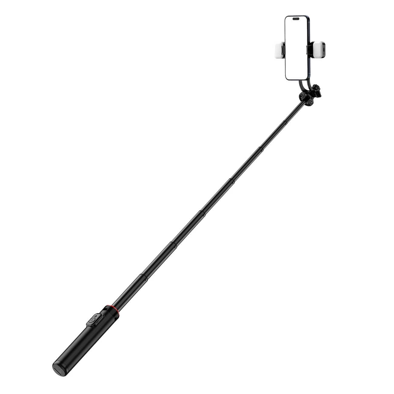Selfie-Stick WC12YDS Teleskopstativ aus Aluminiumlegierung, 1,3 m lang, mit Doppelleuchte und Handyhalter - schwarz