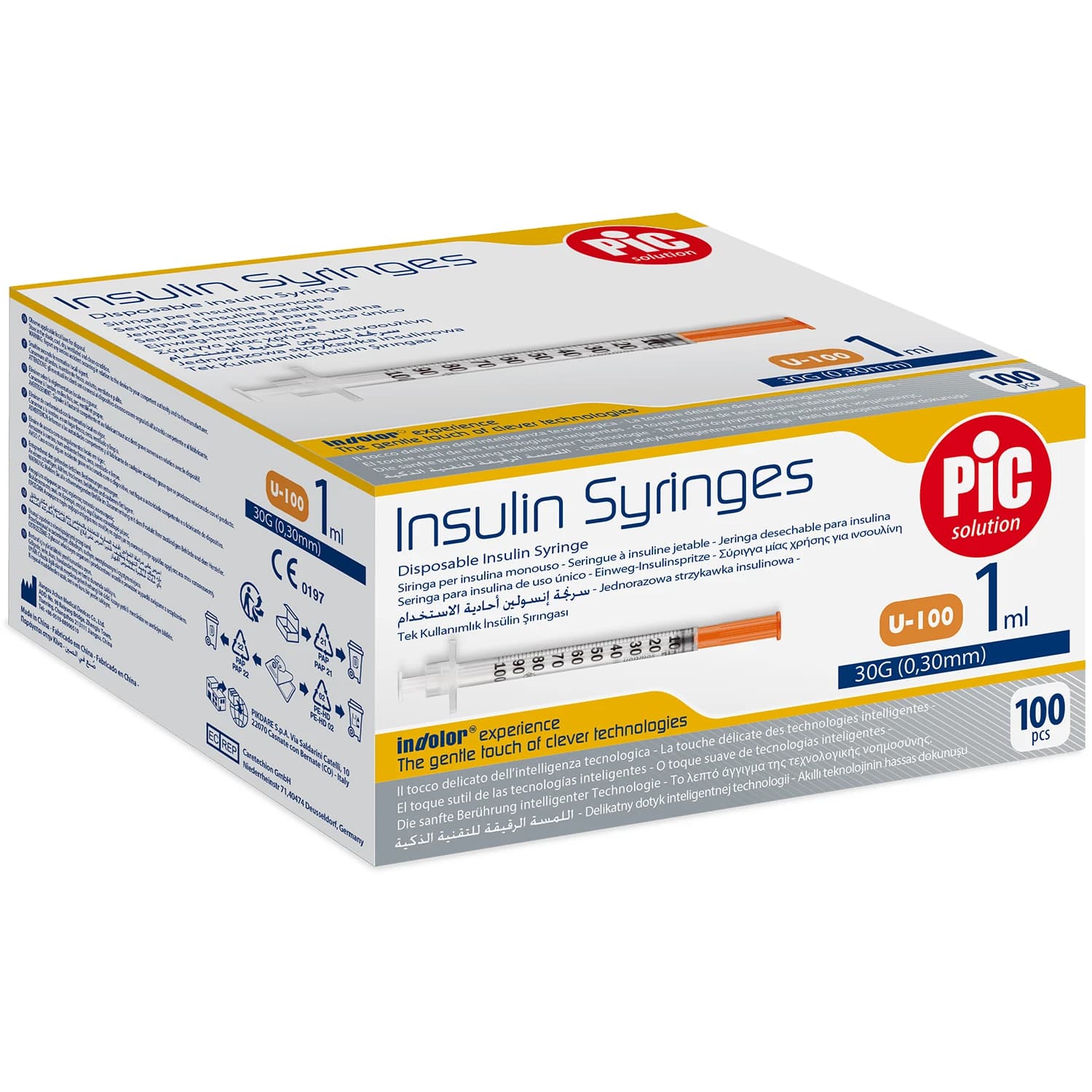 Pic Solution Insulinspritzen, 1 ml Insulinspritze mit 30G (0,30 mm) x 12,7 mm Nadel, 100 Stück