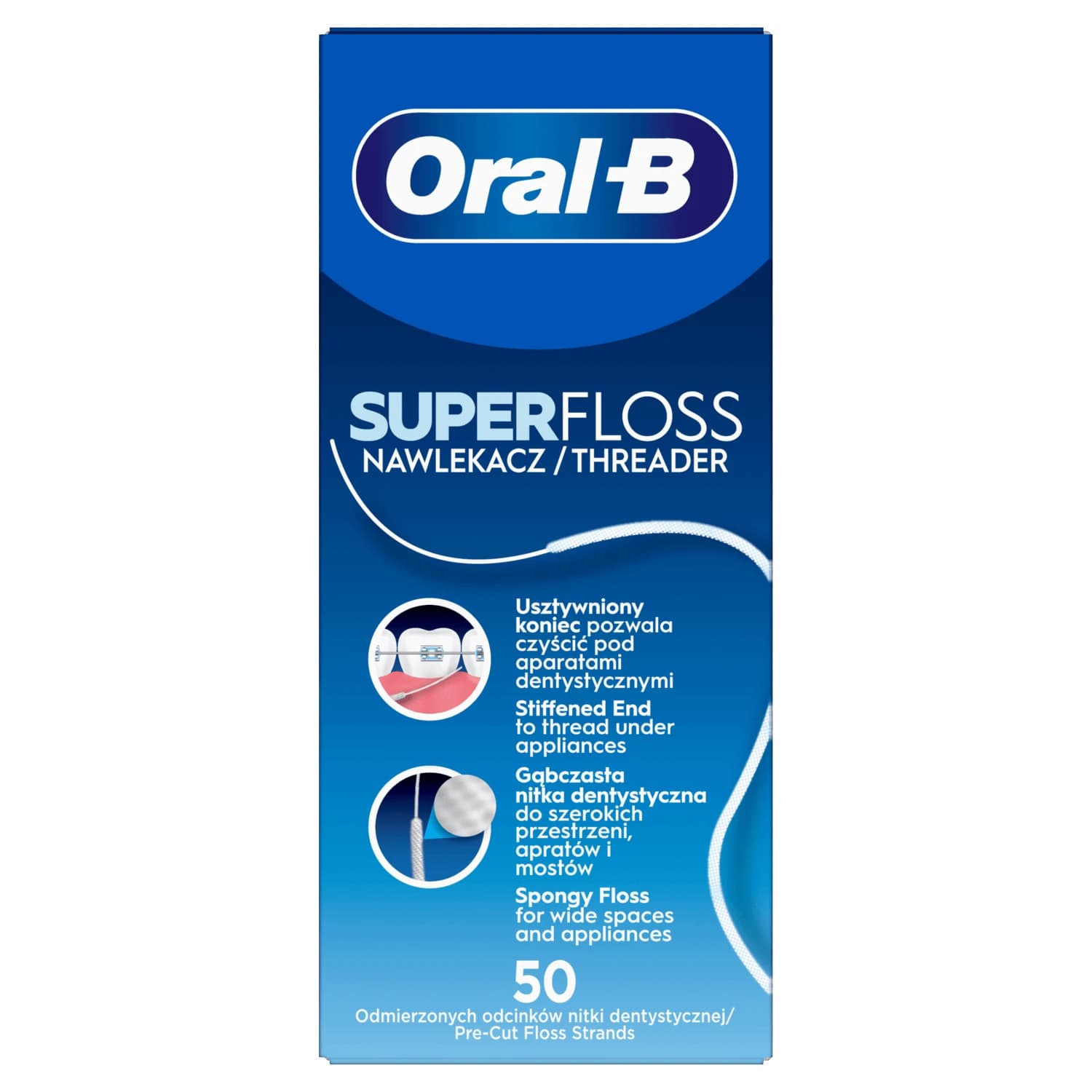 Oral-B Super Floss, Zahnseide zur Reinigung von kieferorthopädischen Geräten und Brücken, 50 Stück