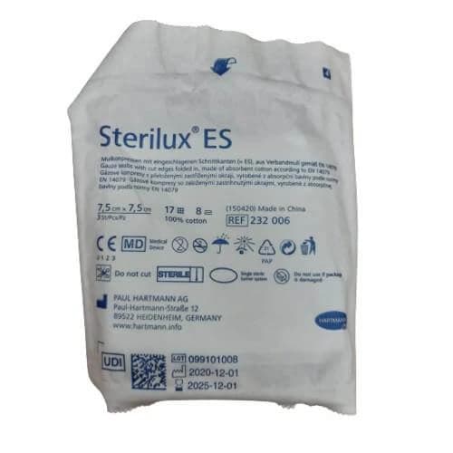 STERILUX ES sterile 8-lagige Mulltupfer mit 17 Fäden 7,5cm x 7,5cm, 3 Stück