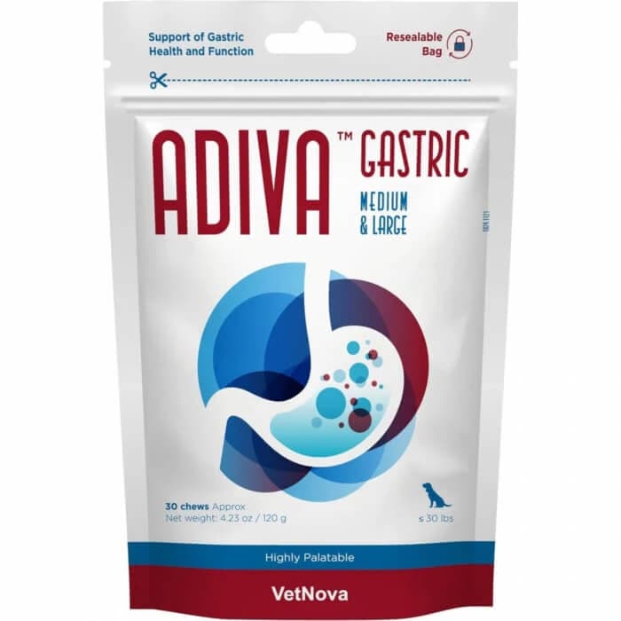 Ergänzungsfuttermittel, vollständiger Magenschutz, ADIVA® Gastric Chews Medium & Large, VetNova, 30 Kautabletten
