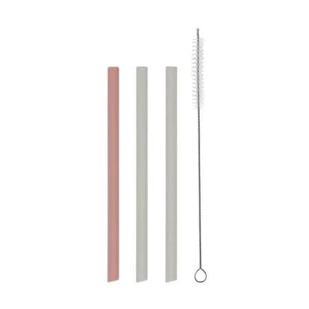 3er-Set Silikonstrohhalme + Reinigungsbürste Platinum, Blush, Kikka Boo
