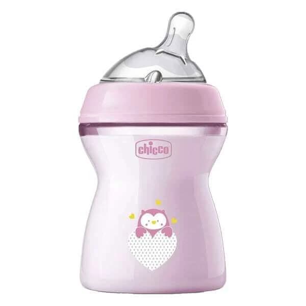 CHICCO Natural Feeling Kunststoff-Flasche mit Silikon-Nippel für 2+ Monate 250ml Rosa [81323-10]
