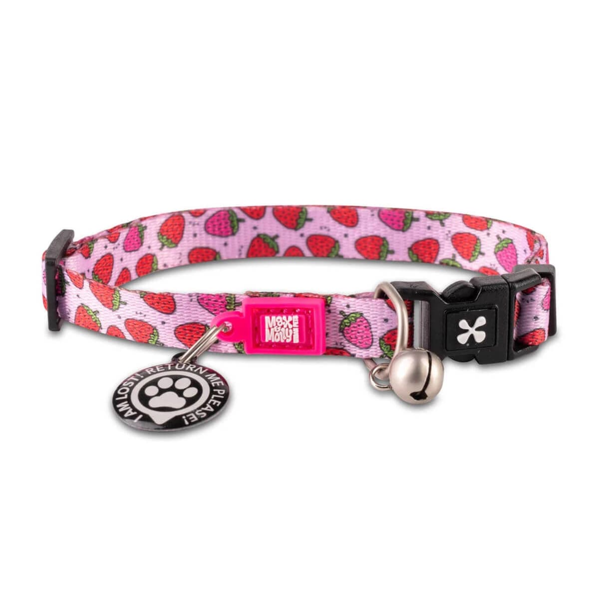 MAX & MOLLY Smart ID Strawberry Dream, Katzenhalsband, verstellbar, Polyester, rosa und rot, Dreizack-Schnalle, 22–35 × 1 cm