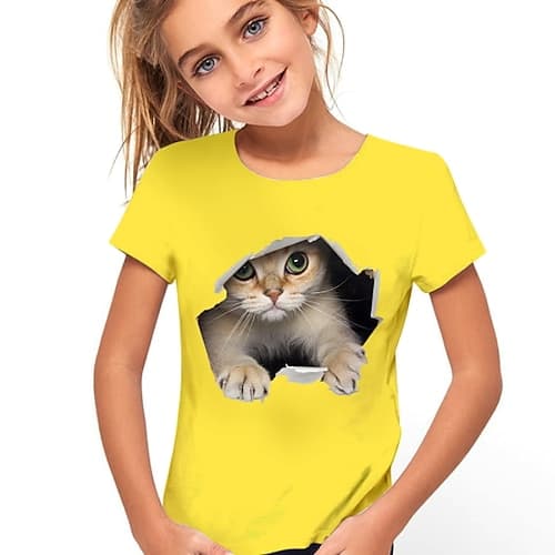 Mädchen 3D Graphic Tier Katze T-Shirt Kurzarm 3D-Druck Aktiv Kuschelig kinderkleidung 3-12 Jahre