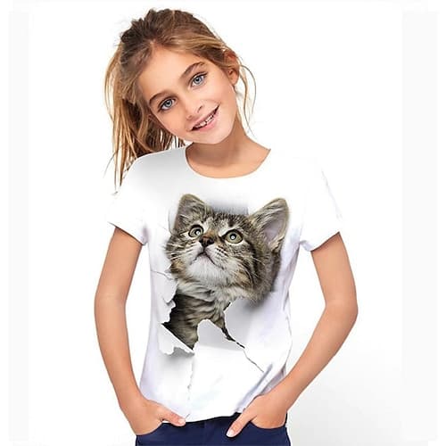 Mädchen 3D Graphic Tier Katze T-Shirt Kurzarm 3D-Druck Aktiv Kuschelig kinderkleidung 3-12 Jahre
