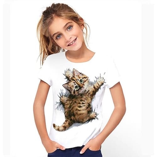 Mädchen 3D Graphic Tier Katze T-Shirt Kurzarm 3D-Druck Aktiv Kuschelig kinderkleidung 3-12 Jahre