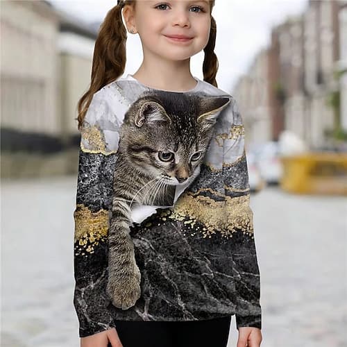 Mädchen 3D Tier Katze T-Shirt Langarm 3D-Druck Sommer Frühling Herbst Aktiv Sport Modisch kinderkleidung 3-12 Jahre Outdoor Täglich Innen Regular