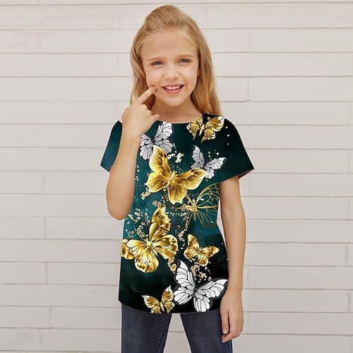 Mädchen 3D Tiermotiv Schmetterling T-Shirt Kurzarm 3D-Druck Sommer Frühling Aktiv Mode Niedlich Kinder 3-12 Jahre Outdoor Täglich Innen Normale