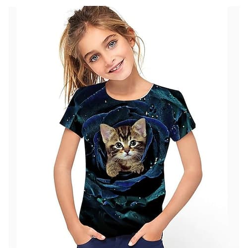 Mädchen 3D Graphic Tier Katze T-Shirt Kurzarm 3D-Druck Aktiv Kuschelig kinderkleidung 3-12 Jahre
