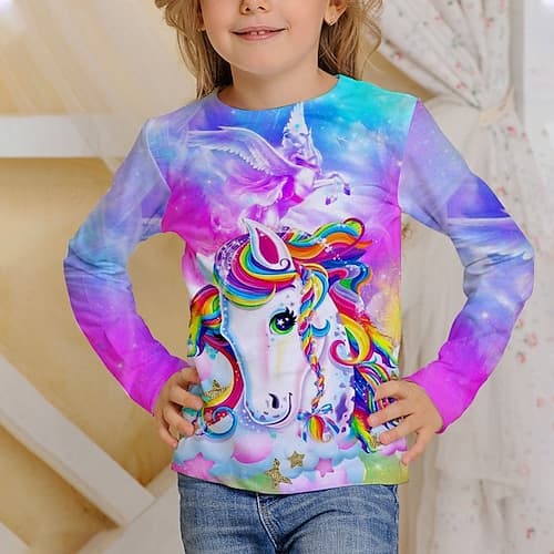 Zurück zur Schule Mädchen 3D Tier T-Shirt Langarm 3D-Druck Herbst Aktiv Basic kinderkleidung 4-12 Jahre Schulanfang Casual Sport Regular Fit