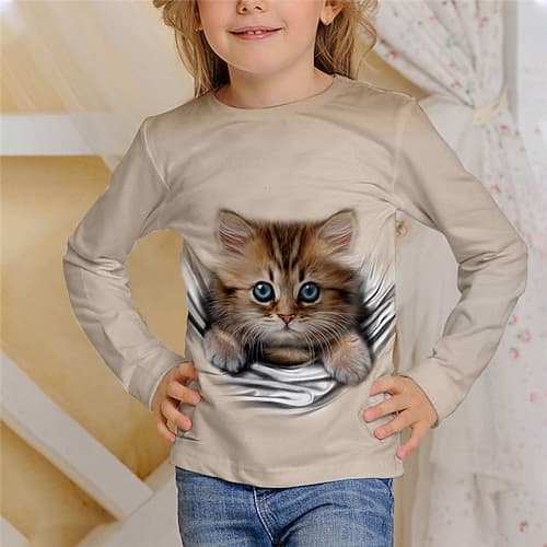 kinderkleidung Mädchen T-Shirt Tier Casual 3d Drucken Langarm Rundhalsausschnitt Kuschelig 7-13 Jahre Herbst Schwarz Weiß Elfenbein