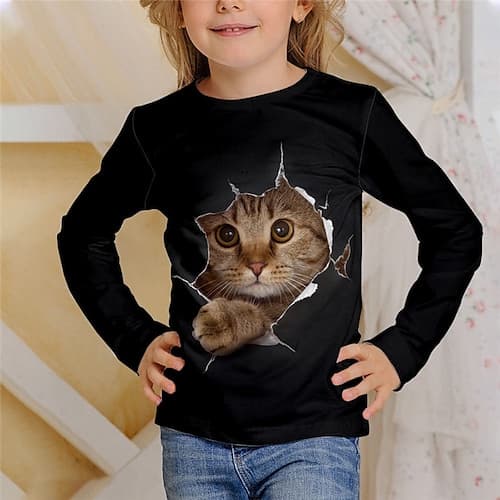 kinderkleidung Mädchen T-Shirt Tier Casual 3d Drucken Langarm Rundhalsausschnitt Kuschelig 7-13 Jahre Herbst Schwarz Weiß Elfenbein