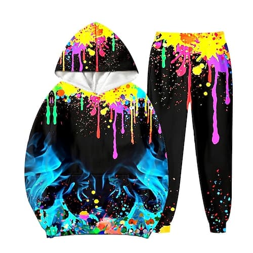 Unisex 3D Farbblock Bedruckt Steigungsrampe Set aus Kapuzenpullover und Jogginghose Kleidungsset Langarm Sommer Frühling Herbst Sport Täglich