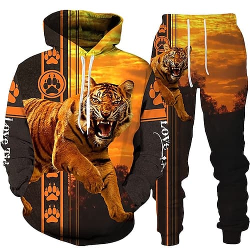 Herren Grafik Tiger 2St 3D Sweatshirt-Sets Trainingsanzug Kapuzenshirts Langarm Lange Hosen Mit Kapuze Streetwear Basic Lässig Sport Outdoor Lässig