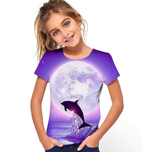 Mädchen 3D Blumen Tier Wolf T-Shirt Kurzarm 3D-Druck Sommer Frühling Aktiv Modisch Kuschelig kinderkleidung 3-12 Jahre Outdoor Täglich Regular Fit