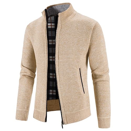 Herrenpullover, Strickjacke, Pullover mit Reißverschluss, gestrickt, Tasche, gestrickt, einfarbig, Stehkragen, stilvoll, Vintage-Stil,