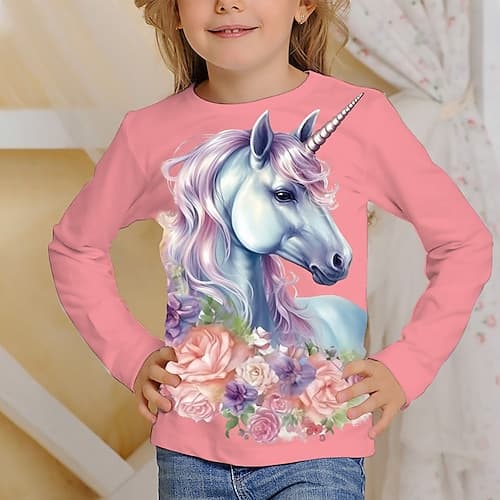 Mädchen 3D Grafik Cartoon Einhorn T-Shirt Langarm 3D-Druck Sommer Frühling Herbst Aktiv Mode Niedlich Kinder 3-12 Jahre Outdoor Lässig Täglich