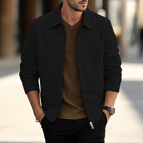 Herren Hemdjacke Überhemden übergangsjacke Alltagskleidung Leicht Tasche Frühling Einfach Streetwear Revers Regulär Waffelstoff Schwarz Weiß Blau