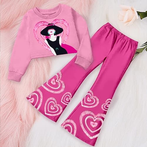 Mädchen 3D Herz Graphic Set aus Sweatshirt und Jogginghose Kleidungsset Rosa Langarm 3D-Druck Herbst Winter Aktiv Modisch Täglich kinderkleidung 4