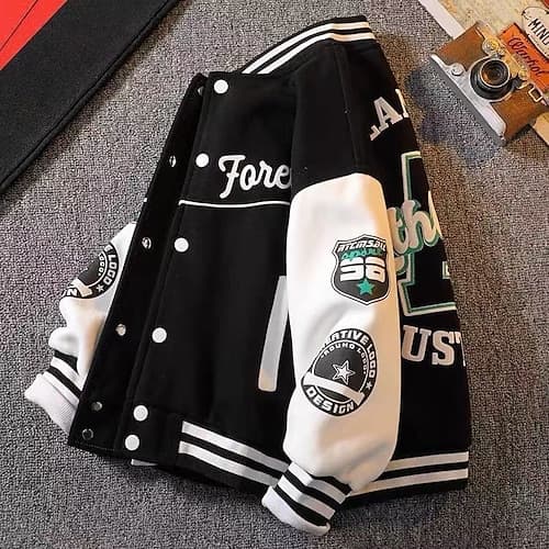 Kinder Jungen Baseball-Jacken Oberbekleidung Farbblock Gestreift Buchstabe Langarm Tasche Mantel Schule Sport Mode Streetwear Schwarz Grün Herbst