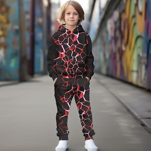 Unisex 3D Farbblock Bedruckt Steigungsrampe Set aus Kapuzenpullover und Jogginghose Kleidungsset Langarm Sommer Frühling Herbst Sport Täglich