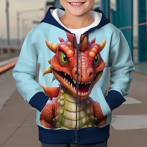 Jungen 3D Dinosaurier Kapuzenshirt Mantel Oberbekleidung Langarm 3D-Druck Herbst Winter Modisch Strassenmode Cool Polyester kinderkleidung 3-12 Jahre