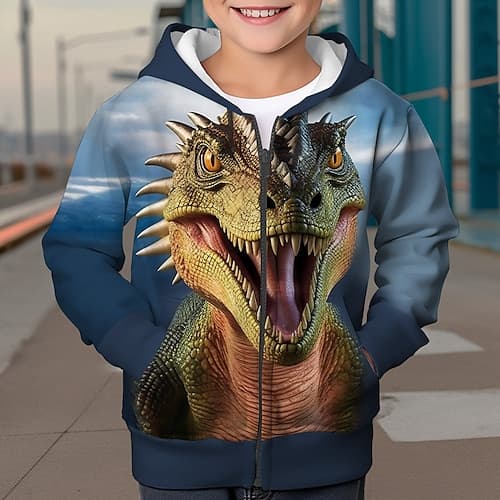 Jungen 3D Dinosaurier Kapuzenshirt Mantel Oberbekleidung Langarm 3D-Druck Herbst Winter Modisch Strassenmode Cool Polyester kinderkleidung 3-12 Jahre