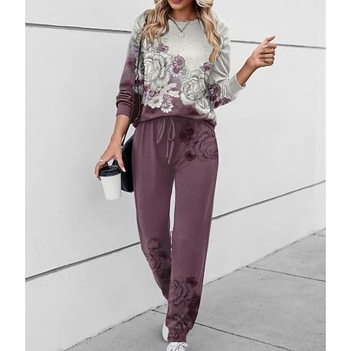 Damen 2 Teile Sweatshirt Trainingsanzug Aktive Tägliche Trainingsanzug Hosen Sets Jogginghosen Lange Ärmel Rundhalsausschnitt Blumendruck Outdoor